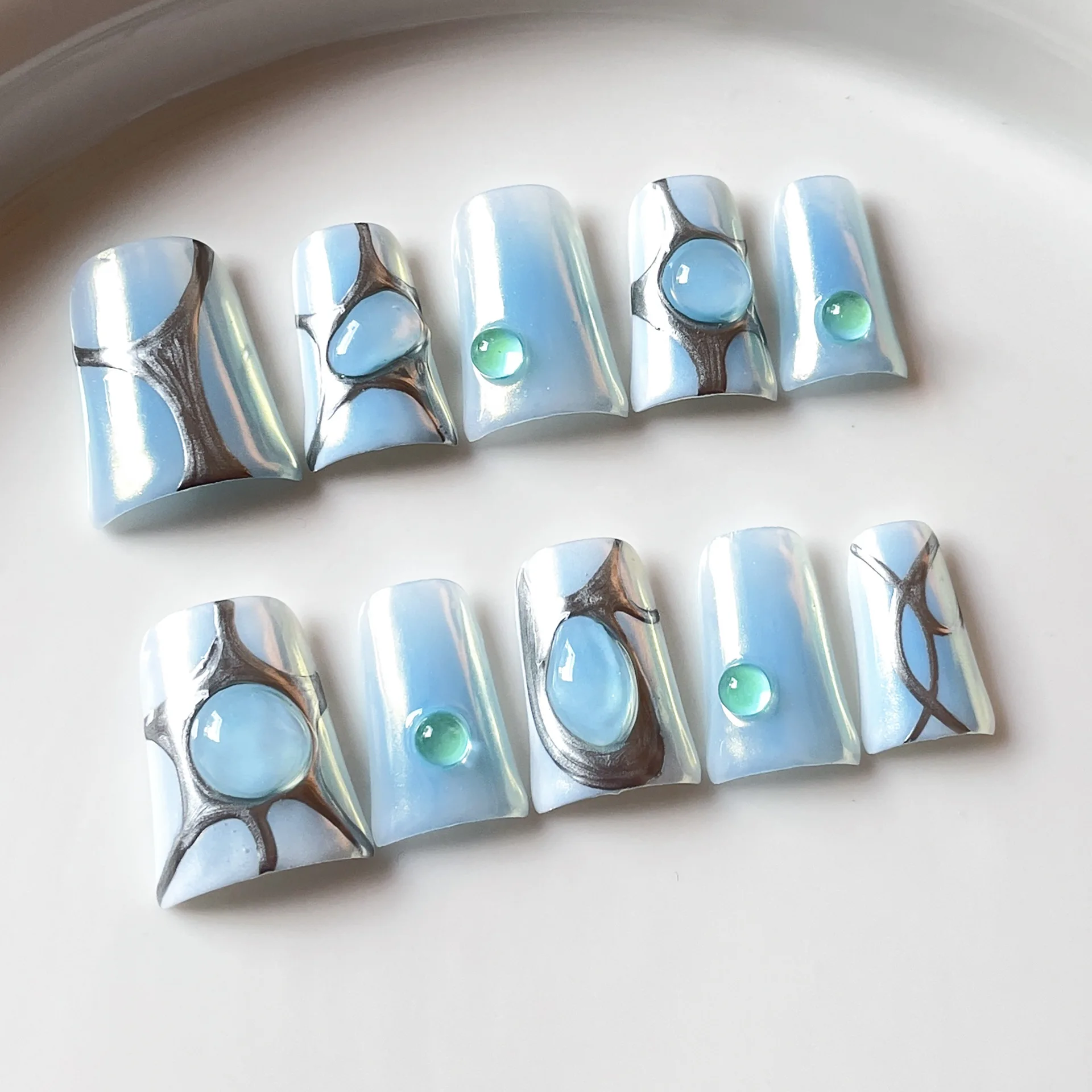 ﻿  10pcs Handmade Blue Press on Nails Korean Y2k Hand Drawn Almond Fairy Reusable Adhesive False Nails with Design Artificial