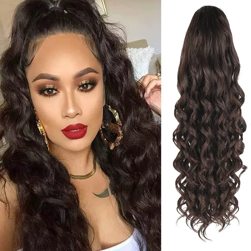 European and American style women's , burgundy elastic drawstring , small curly ponytail wig