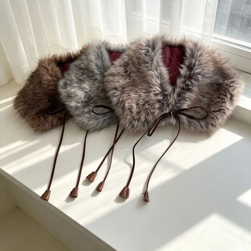 Vintage Gradient Faux Fur Collar Scarf for Women, Luxury Plush Neck Warmer with Leather Tie Strap, Y2K Winter Thick, Warm Scarf