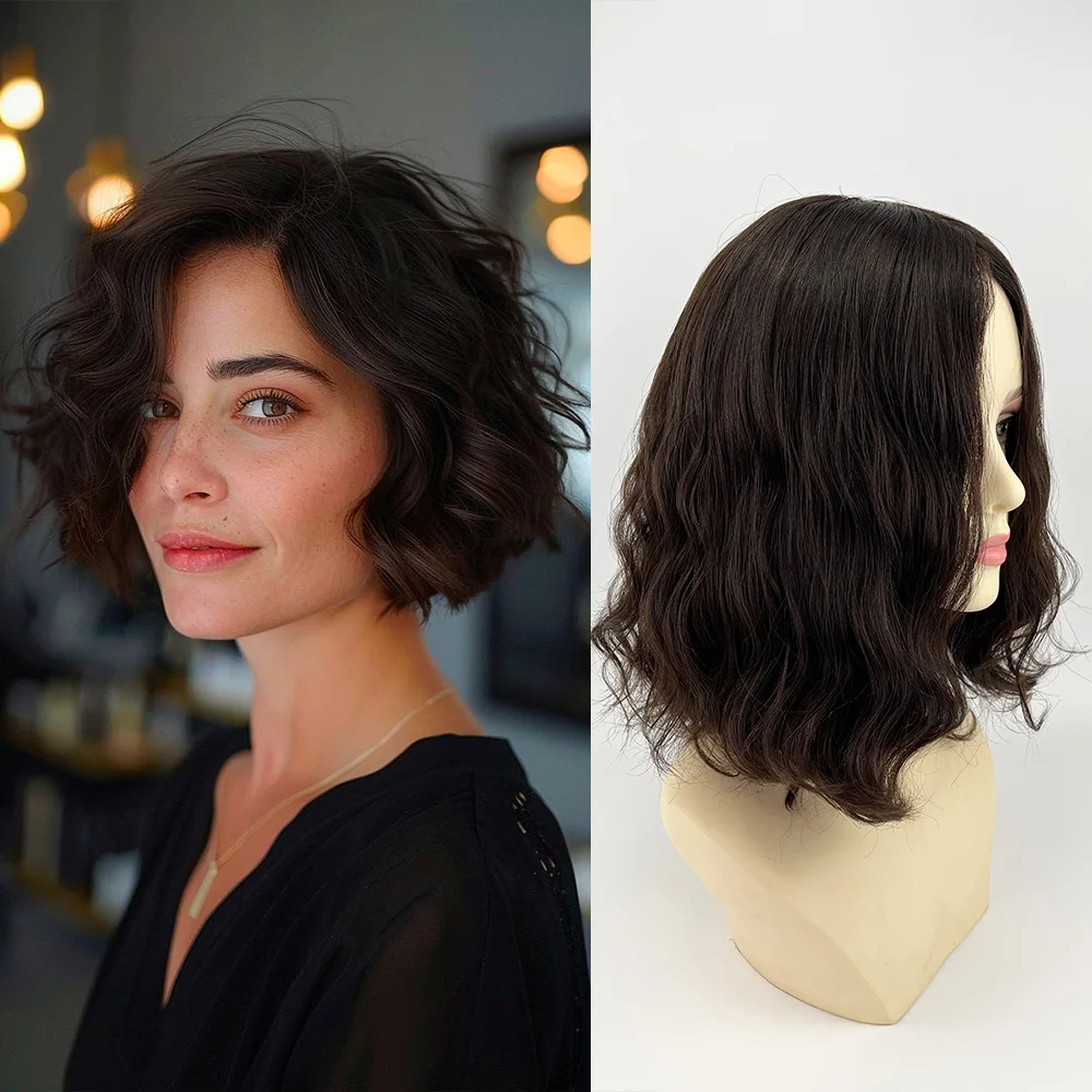 Jewish Wig Silk Base Short Bob 14-inch Loose Wave Virgin Human Hair Kosher Wig Sheitel Thick End Natural Wave Silk Top Women