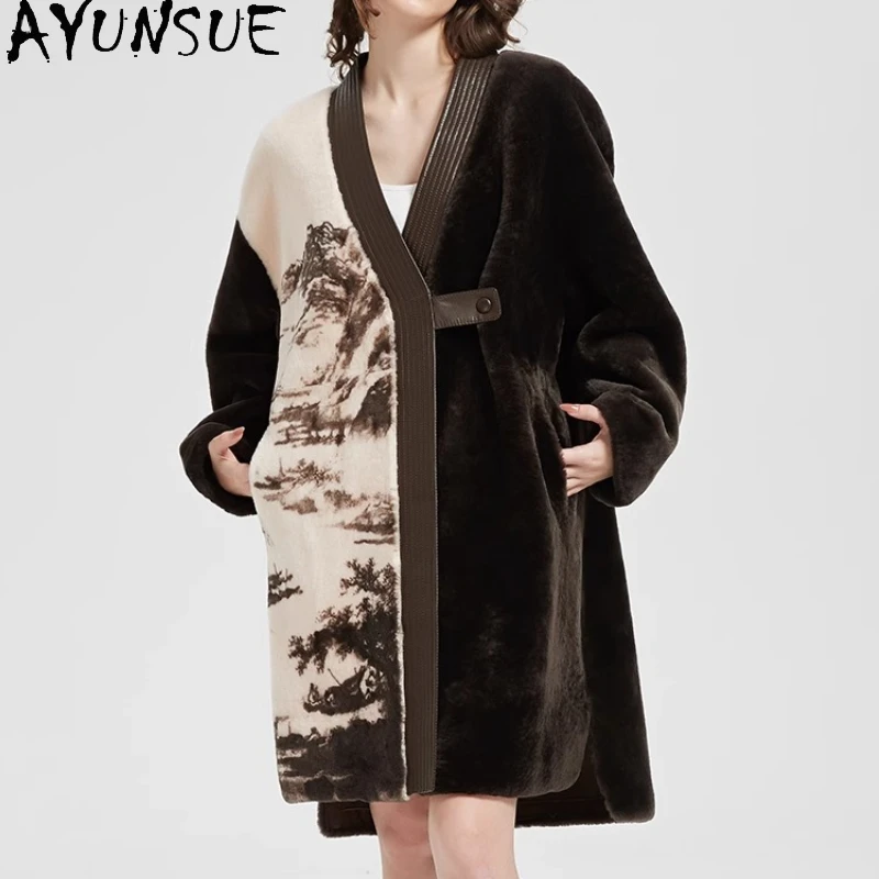 

AYUNSUE натуральная дубленка, шуба, женская зимняя одежда, куртка из натуральной кожи средней длины, женская новая верхняя одежда с принтом чернил