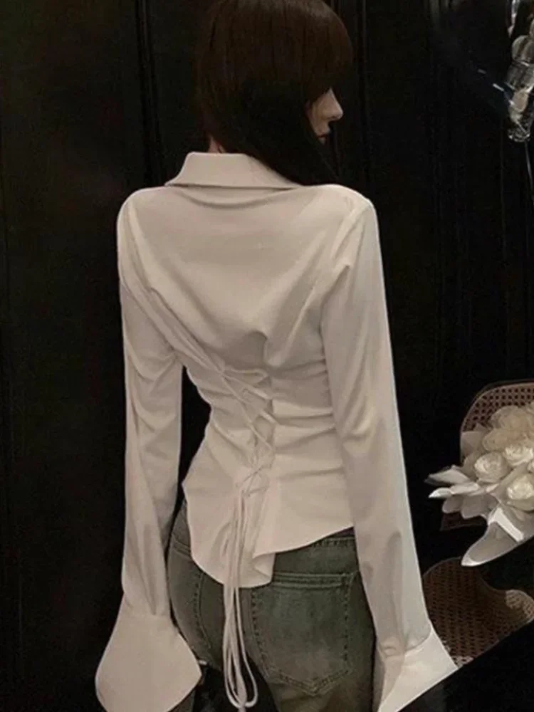 

Бандажные рубашки женские с расклешенными рукавами однотонные Y2k тонкие офисные женские темпераментные корейский стиль JK Blusas простые однобортные модные