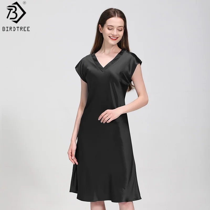 Birdtree, OEKO-TEX, 22MM 100% Real Silk Elegant Nightgown, V-neck Sleeveless, Women Plain Satin Pajama Homewear Dresses D68813JF