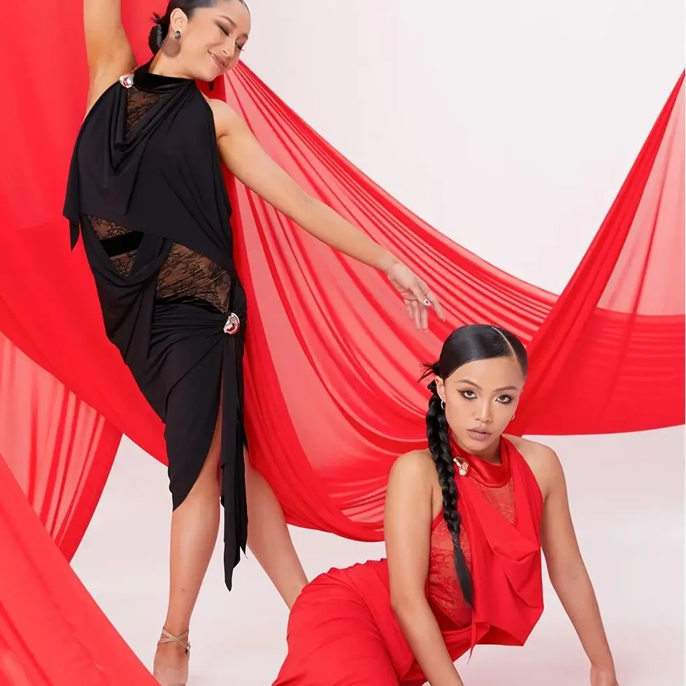 

Women Latin Dance Performance Costumes Sleeveless Hanging Neck Swing Collar Jumpsuit Irregular Skirt Suit Chacha Dress DN20856