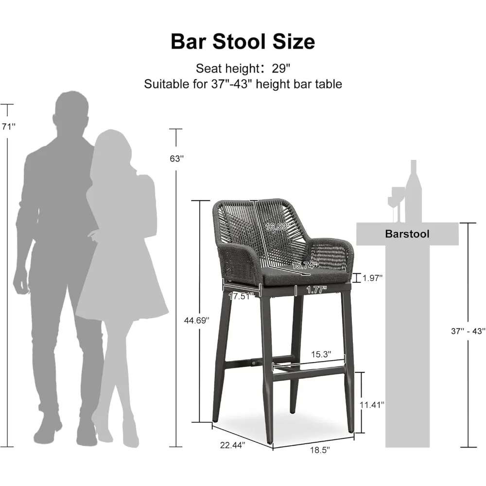 Conjunto de 2 bancos de bar para exterior de 29", cadeira Boho Patio com altura de bar com almofada e encosto para exterior e interno, jardim, pátio, cinza