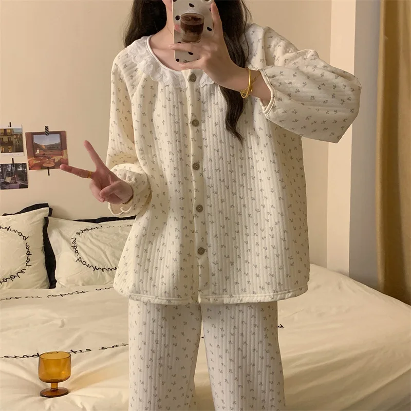 

Women's Pajamas Floral Cardigan Thickened Girl Homewear Autumn Winter Loungewear Apricot Air Cotton Round Neck New Home Wear