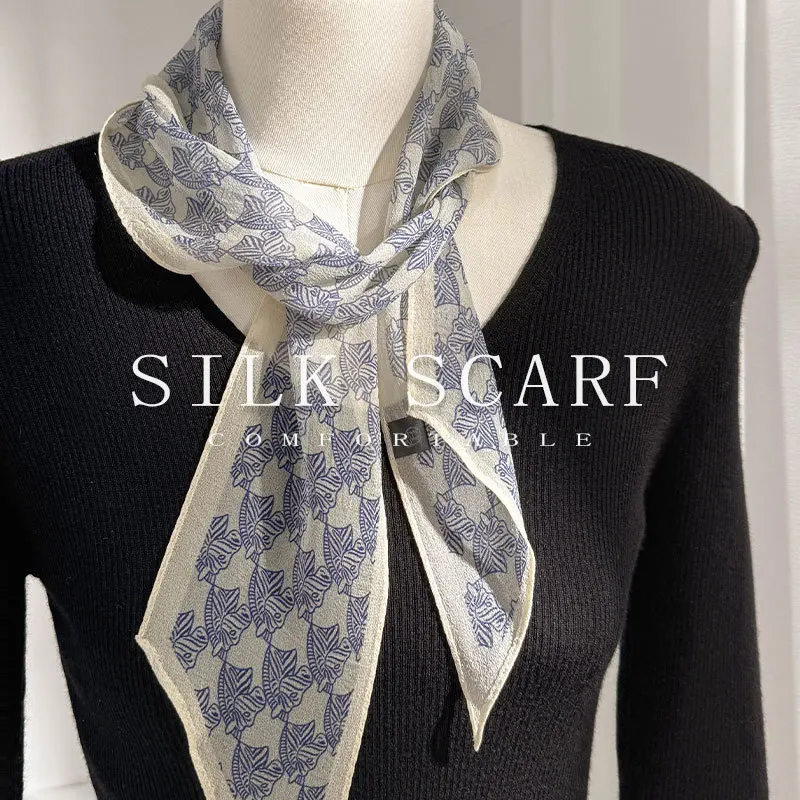 

Blue 100% Silk Scarf Niche Mulberry Long Ribbon Women's Versatile Accessories Neck Comfortable Japanese and Korean Fashion