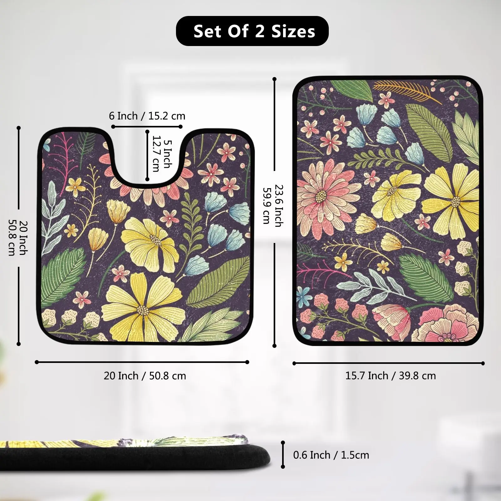 Bathroom matsNon-Slip Bath Mat andToilet Mat Bathroom Rug SetSoft Bath Mat with Washable Bath MatsBath set of 2New Flower Prints