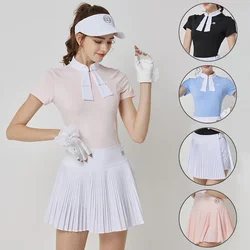 Blktee New Woman Breathable Golf Shirt with Bow Tie Short Sleeve T-shirt Lady Elastic Pleated Golf Quick Dry Skirt Elegent Suit