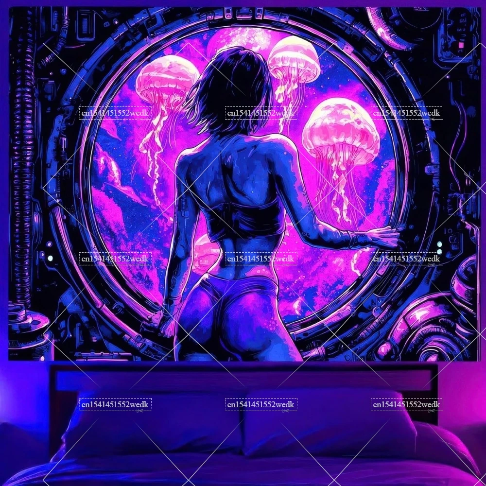 Window Girl Blacklight Tapestry Aesthetic UV Reactive Glow In The Dark Jellyfish Neon Tapestries Wall Posters Party Backdrops