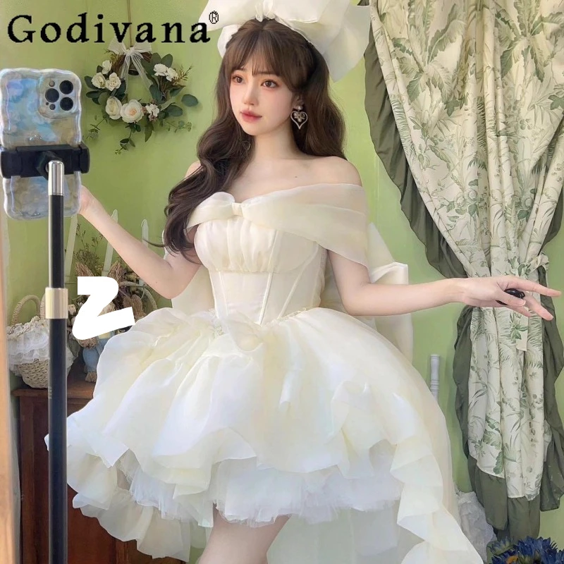 

Sweet Lolita Elegant Bow Trailing Fairy Suspender Dresses Female High Waist A-line Slash Neck Strapless Birthday Princess Dress