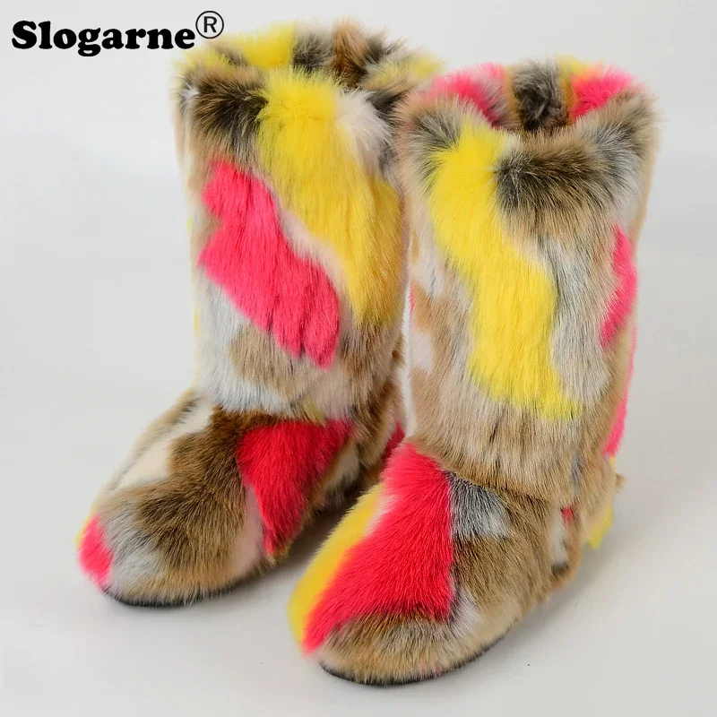 Women\'s Winter Colourful Fox Fur Snow Boots Outdoor Luxury Furry Faux Fur Boots Female Plush Warm Bottes Woman Fashion Fur Shoes