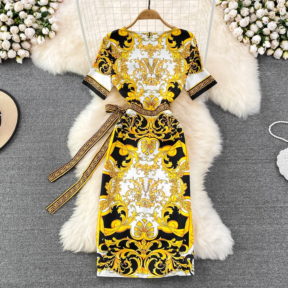 ssTss Summer European American Chic Elegant Round Neck Short-Sleeved Printed Dress Women Waist Tie Thin Irregular Dress Vintage