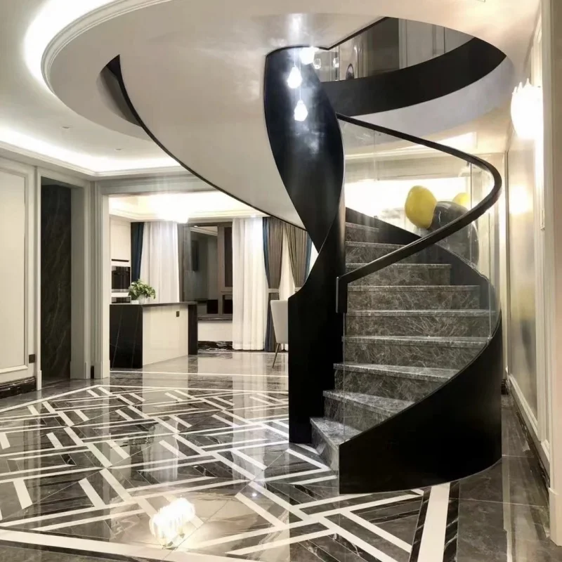 custom.High Quality Modern Indoor High-End Interior Glass Stairs Durable Marble Curved Staircase with Glass Railing
