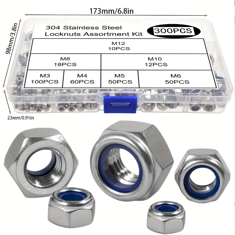Kit surtido de tuercas de seguridad de 300 piezas: acero inoxidable y nailon, pulido, cobertura de rosca completa, accionamiento hexagonal, rosca derecha, tamaños M3
