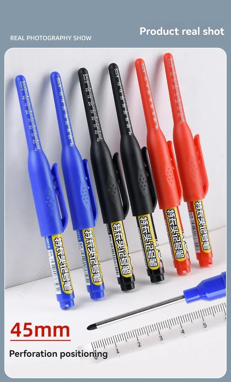45-mm-Marker-Set mit wasserfester, langköpfiger Spitze, schnelltrocknende Tinte für Holzbearbeitung, Bauarbeiten, tiefe Löcher, ungiftig, schwarz, rot, blau, weiß – Detail 8