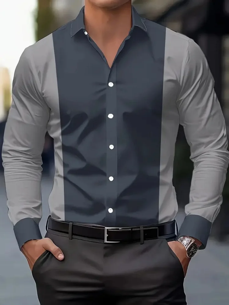 2025 新製品メンズスタイリッシュなカラーブロックボタンシャツ - 通気性ポリエステル、長袖シャツ、ラペル、スタイリッシュなカジュアルブ