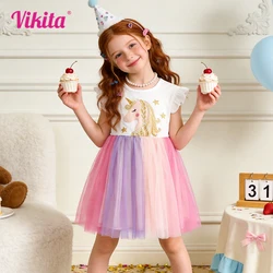 VIKITA Girls Flare Sleeve Summer Vestidos Girls Licorne Print Cartoon Patchwork Dress Girl Party Princess Mesh Tulle Tutu Dress