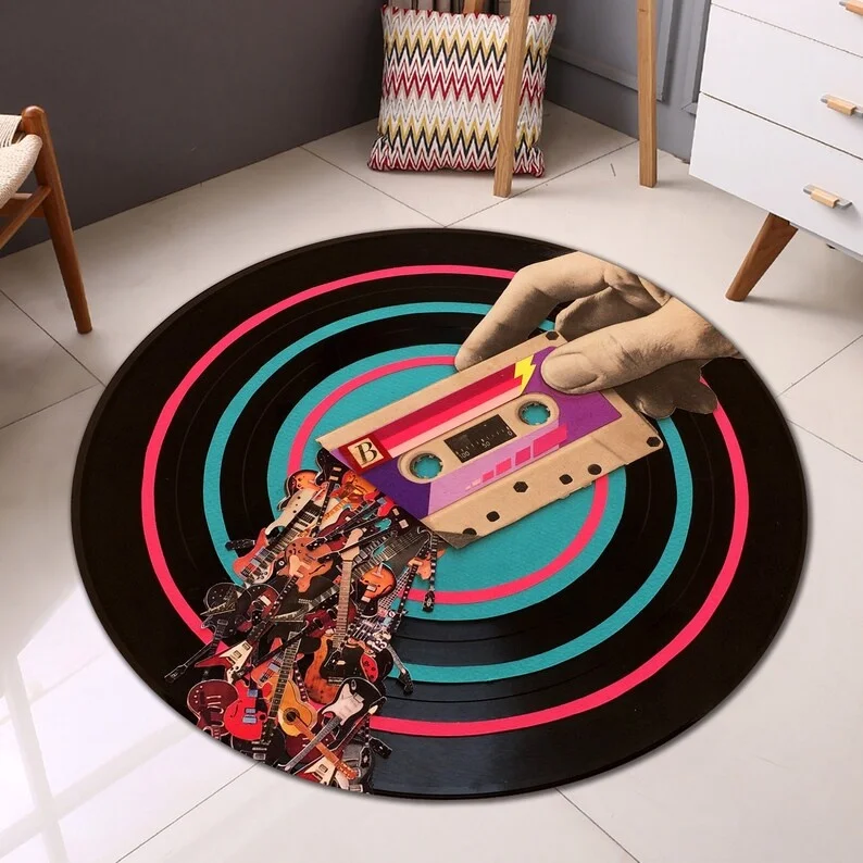 Colorful Record Circular Carpet Retro Music Carpet Shiny CD Film Floor Mat 90s Nostalgic Style Fashionable Interior Design Rug