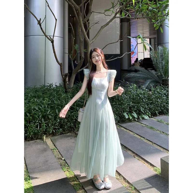 

French Elegant Princess Fairy Long Dress Women Mint Green Swing Skirt Evening Gown Dresses Casual Romantic Fashion Waist Dress