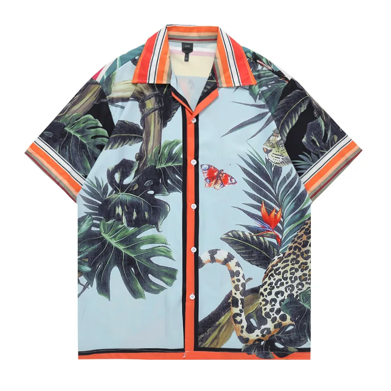 

Men Clothing 2022 Summer New Retro Pattern Printing Men's Shirt Men's Trend Couple Short-sleeved Lapel Button Shirt Top