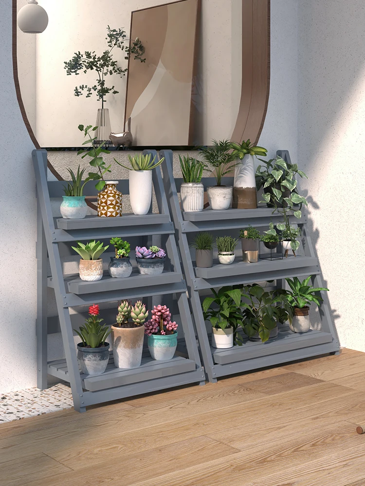 

Outdoor multi-layer ladder flower rack, gray high aesthetic balcony, floor to floor succulent flower pot rack