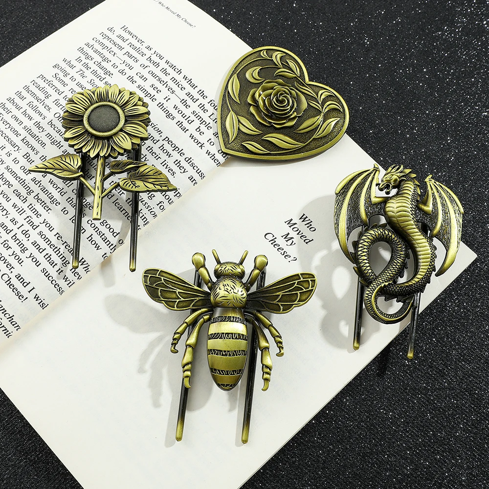 

Vintage Sunflower Bee Rose Punk Dragon Bookmark Reading Supplies for Women Men Antique Bronze Book Page Clips Gifts