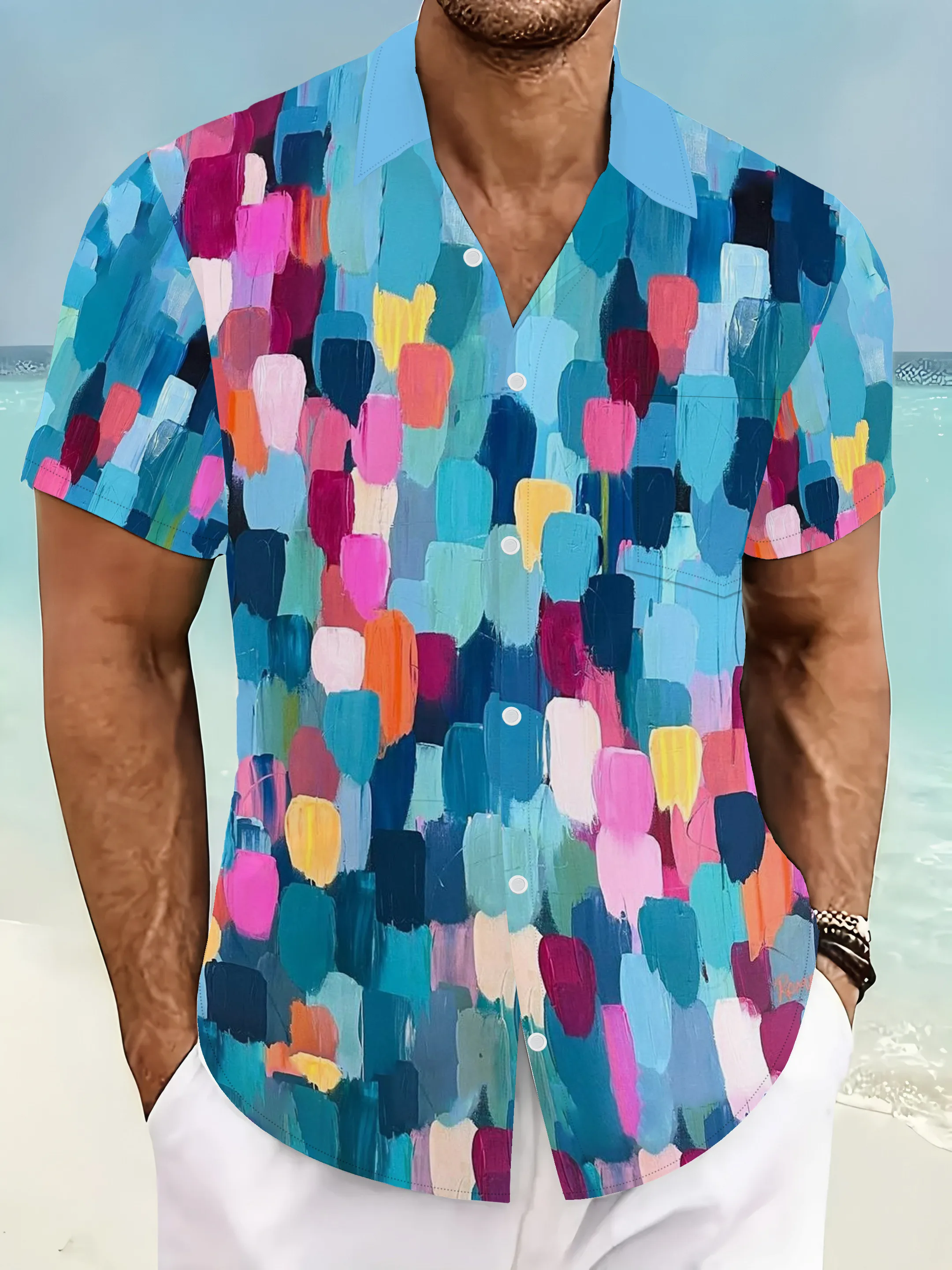 Men's Shirt Abstract Color Block Brush Print Short Sleeve Turn Down Collar Summer Vacation Street Trend Casual Mens Clothing
