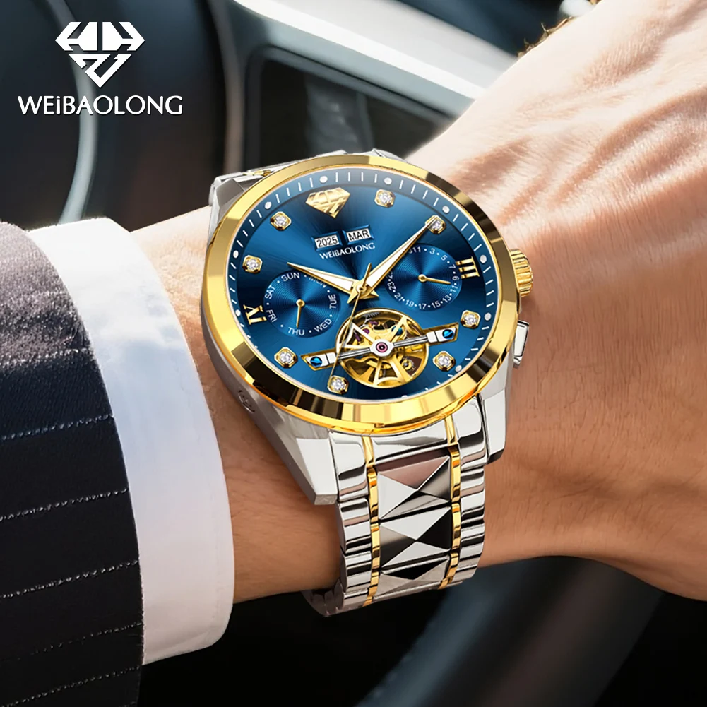 WEIBAOLONG 3801 ساعة رجالية الراقية ساعات الماس الحقيقي متعددة الوظائف كرونوغرافيا ساعة ميكانيكية أوتوماتيكية #3
