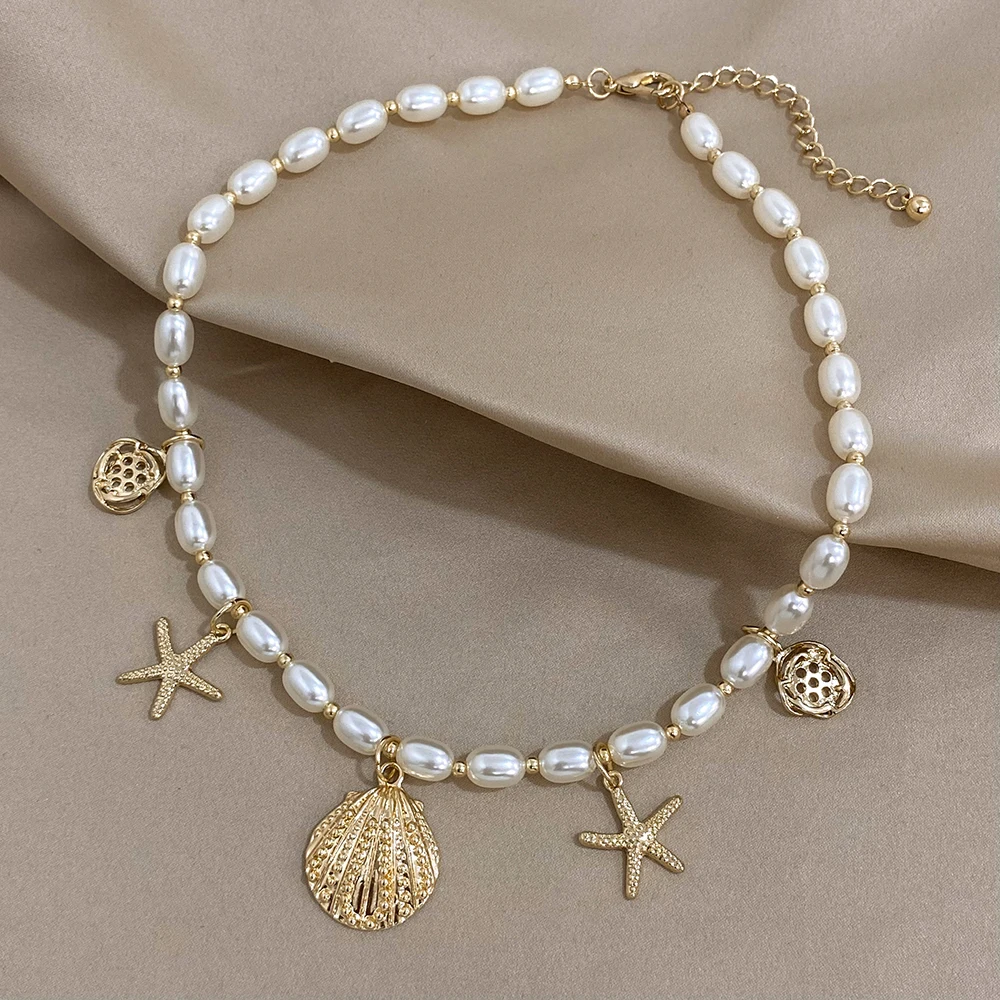 Greatera Trendy Starfish Shell Charms Imitation Pearl Chain Choker Necklaces for Women Statement Party Jewelry Gifts