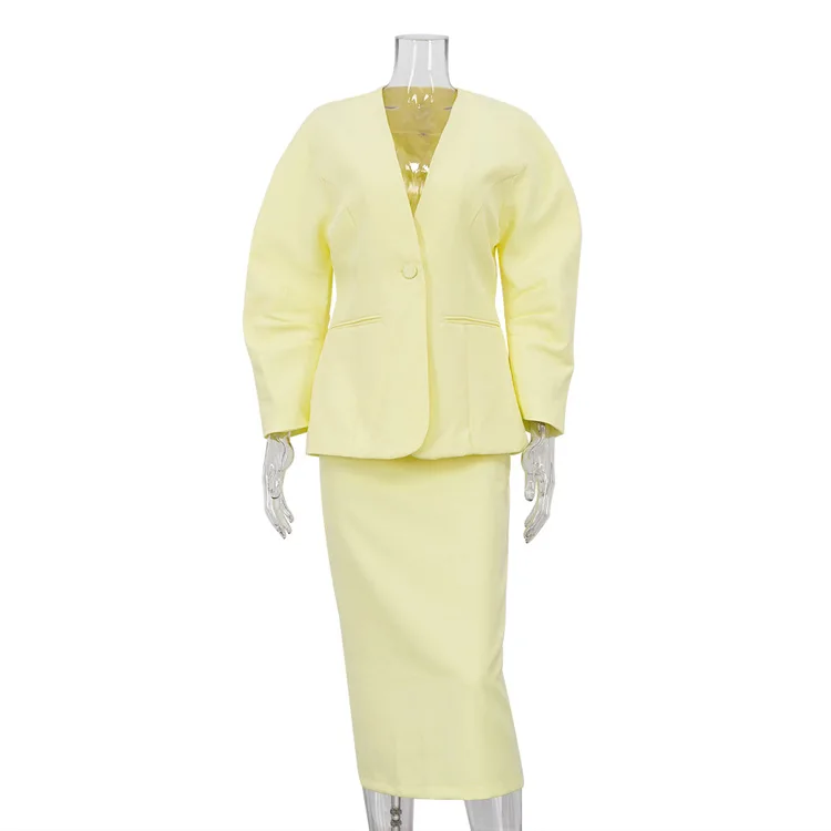 2026 Fashion Loose Blue Office Two Piece Outfits Woman Elegant Long Sleeve Blazer With High Waist Long Skirt Set Female