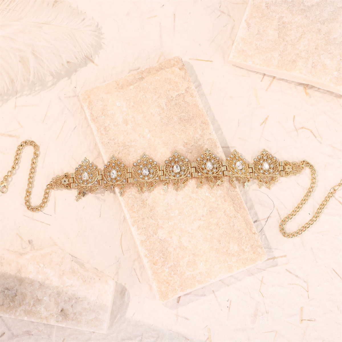 Golden Color Moroccan Women Hair Jewelry Hair Chain Forehead Chain Arabic Bride Wedding Jewelry Elegant Crystal Metal Headbands