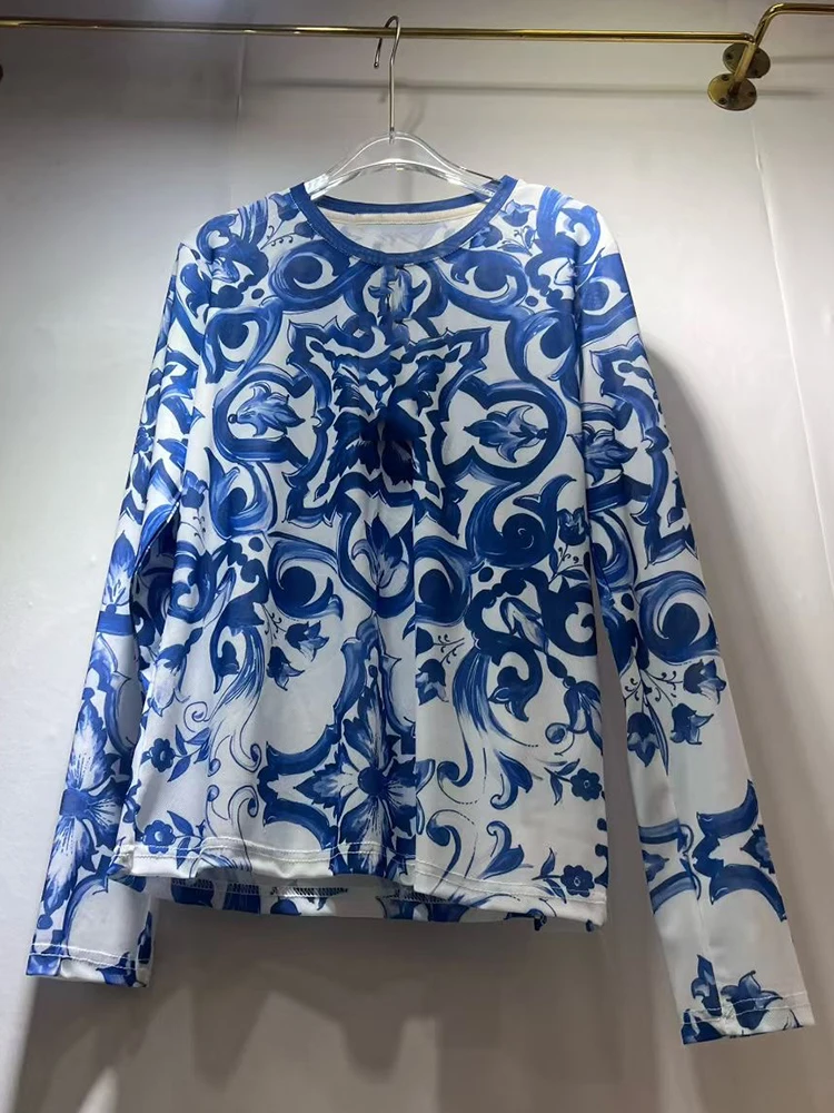 

Designer style retro geometric printed long sleeved mesh T-shirt 2025 autumn women's fashion versatile loose knit pullover