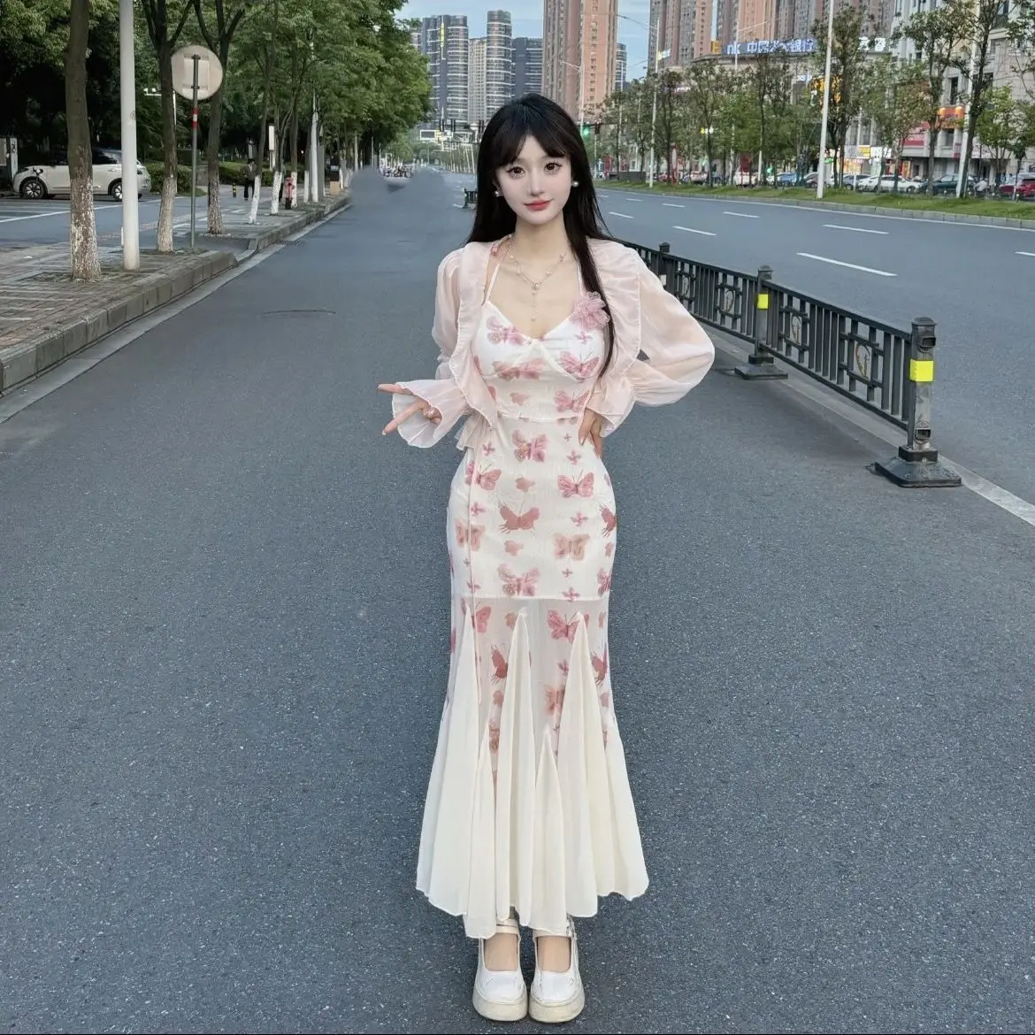 

2 Piece Sets Womens Outfits New High-end Designed Butterfly Printed Temperament Suspender Fishtail Skirt + Pink Cardigan Shawl
