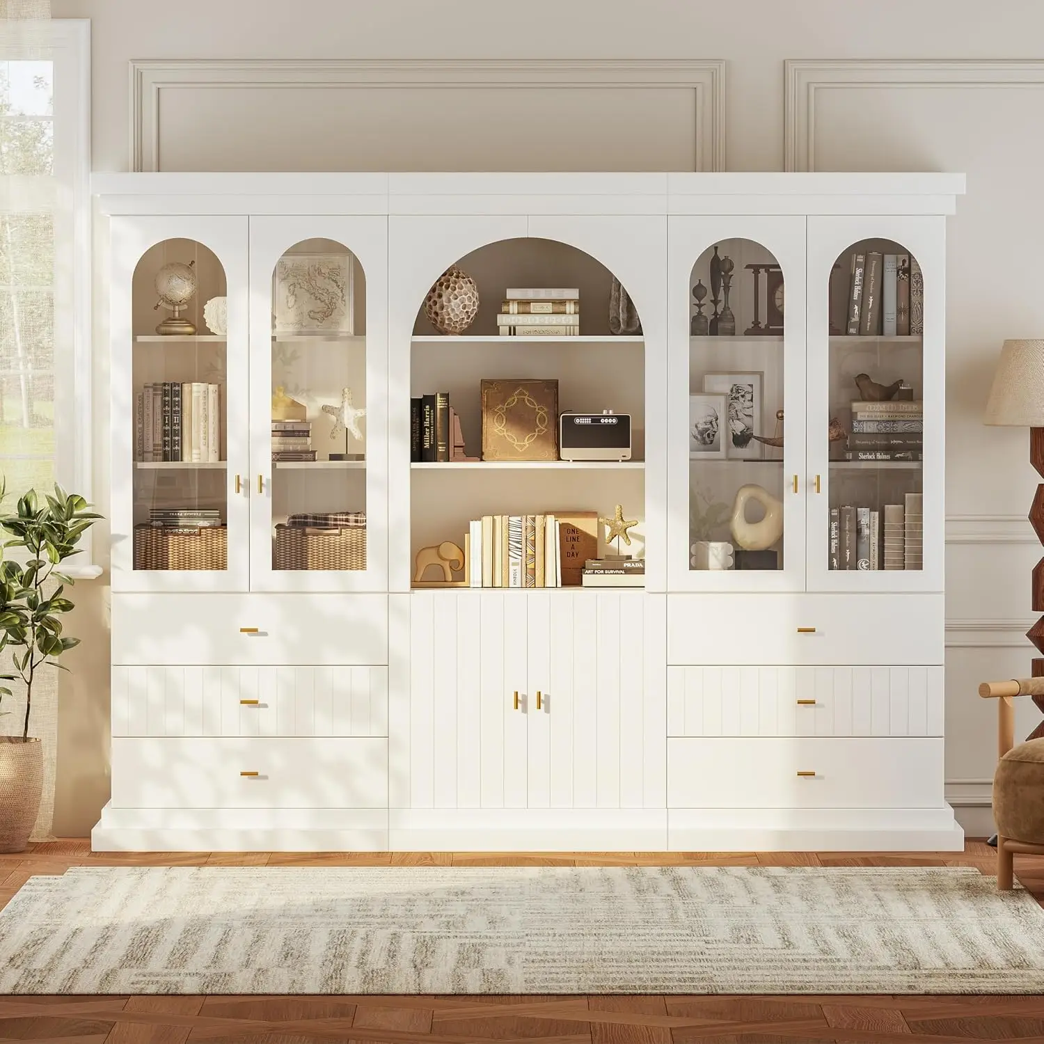 Modern Tall Bookcase & Storage Cabinet with Glass Door & Open Shelf for Home Office Living Room White Gold 71