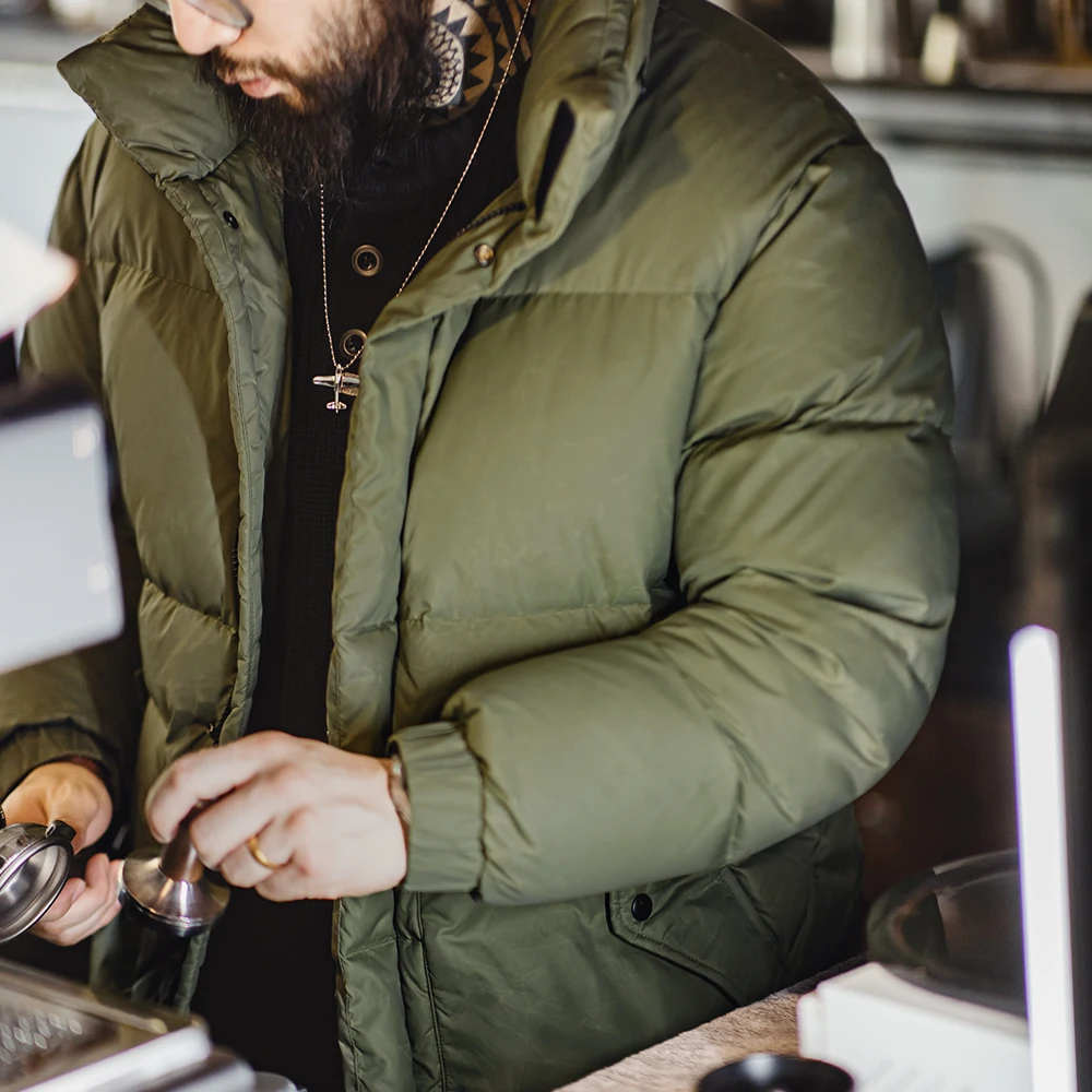 Maden Vintage Waxed Down Jacket for Men Warm Thick Hooded Stand Collar Puffer Coat Outdoor Winter Cold-Proof Outerwear