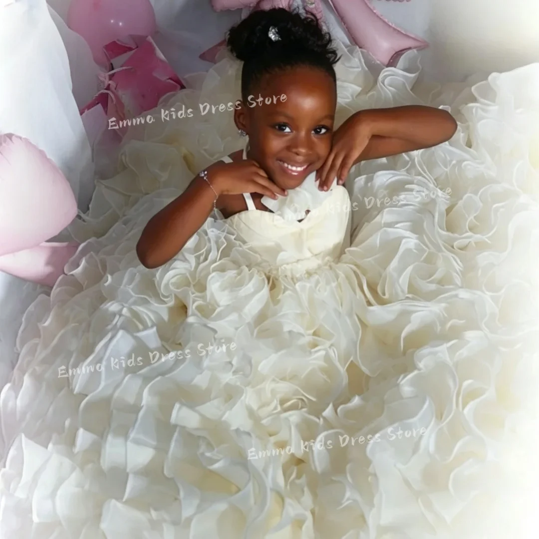 Custom spaghetti strap dress, flower girl dress, luxurious ruffles, birthday party, first communion, festive, wedding, long floo