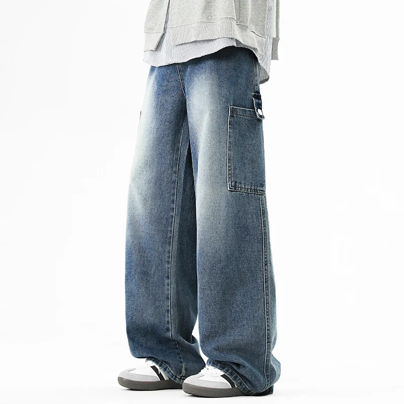 

Men's 2025 Workwear Jeans Washed-Blue Wide-Leg Cargo Pants Retro American Spring Street Style Loose Fit