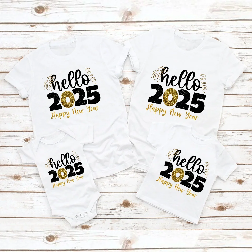 Happy New Year Hello 2025 Family Matching Outfits Daddy Mommy Kids T-shirt Baby Romper Family Shirts New Year Family Clothes