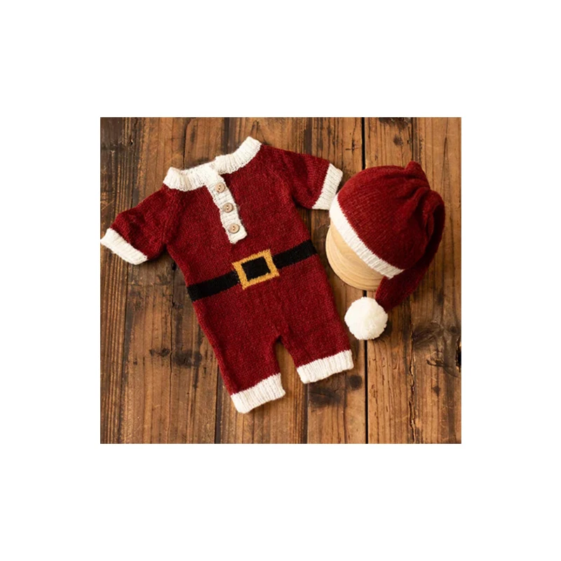 2 PCS New Baby Christmas Costume Crochet Romper Hat Set Baby Jumpsuit Bodysuit Newborn Photography Props Santa Clothing