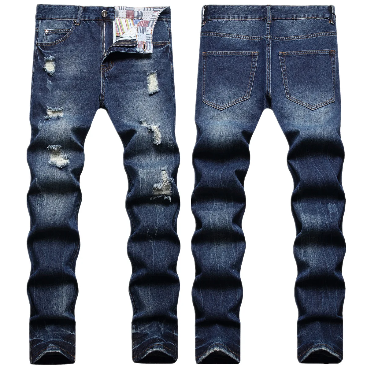 

Blue knee ripped jeans with beggars pants trend men's autumn and winter slim feet fashion