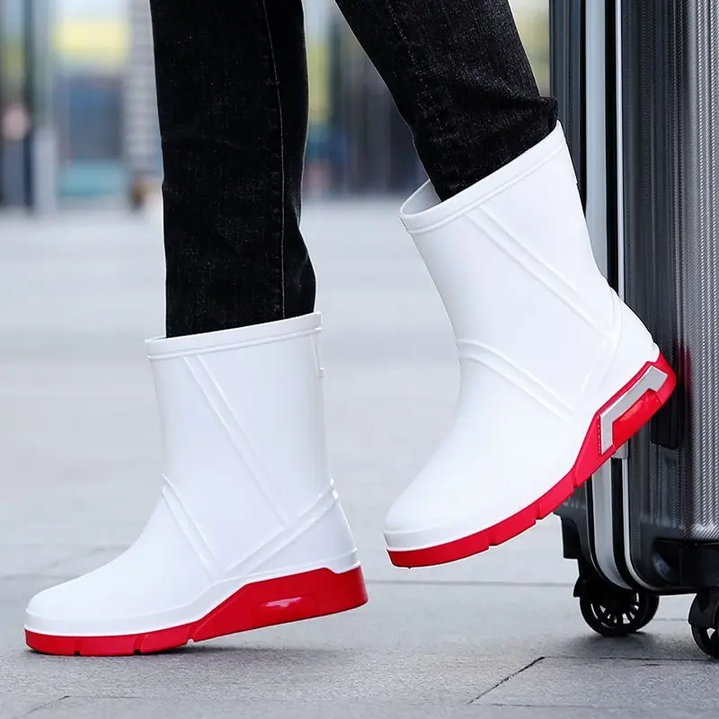 Men's New Non-Slip Warm Lined Cinch Top Mid-Tube Rain Boots Waterproof Thick Bottom Kitchen Fishing Labor Galoshes