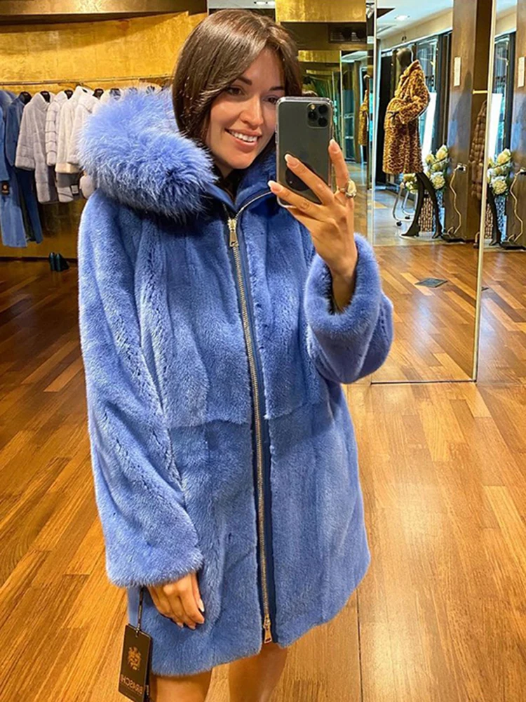 Natural azul vison casaco de pele feminina moda luxo com capuz outertwear zip manga longa aconchegante casual genuíno casaco de pele real feminino