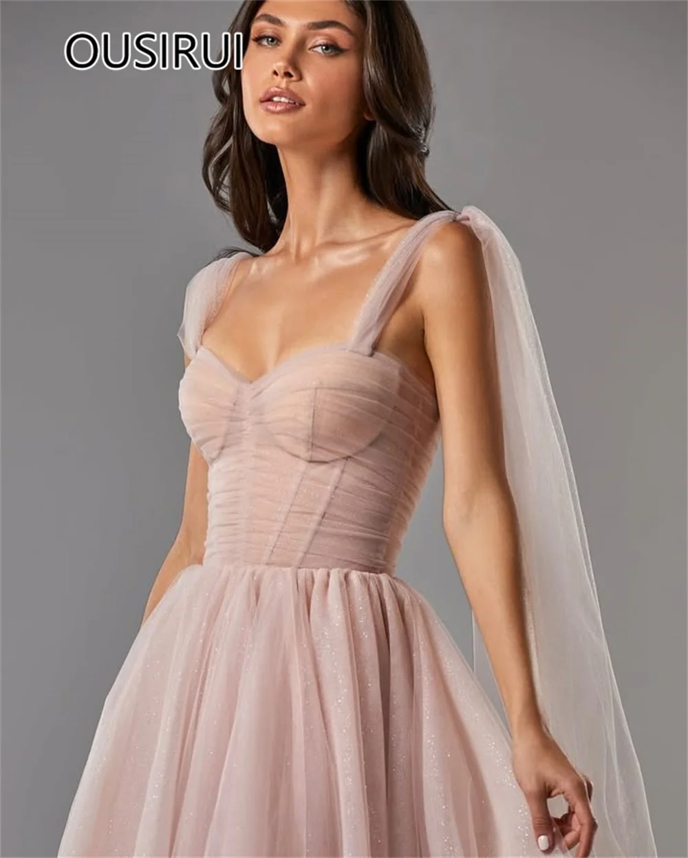 Chic Spaghetti Straps Tulle Sweetheart Collar Formal Evening Dresses A-line Tea-Length Backless Lace up Prom Gown Arabia