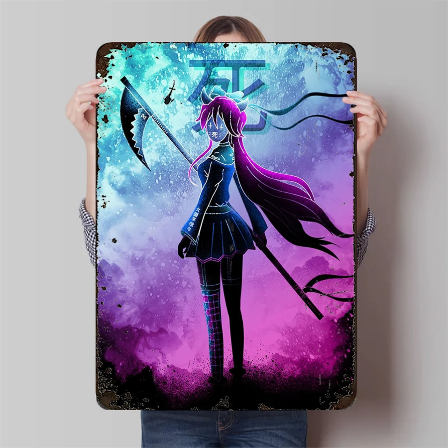 Anime Style Reaper Girl Metal Wall Art with Scythe and Japanese Kanji Decorative Iron Painting for Home Decor
