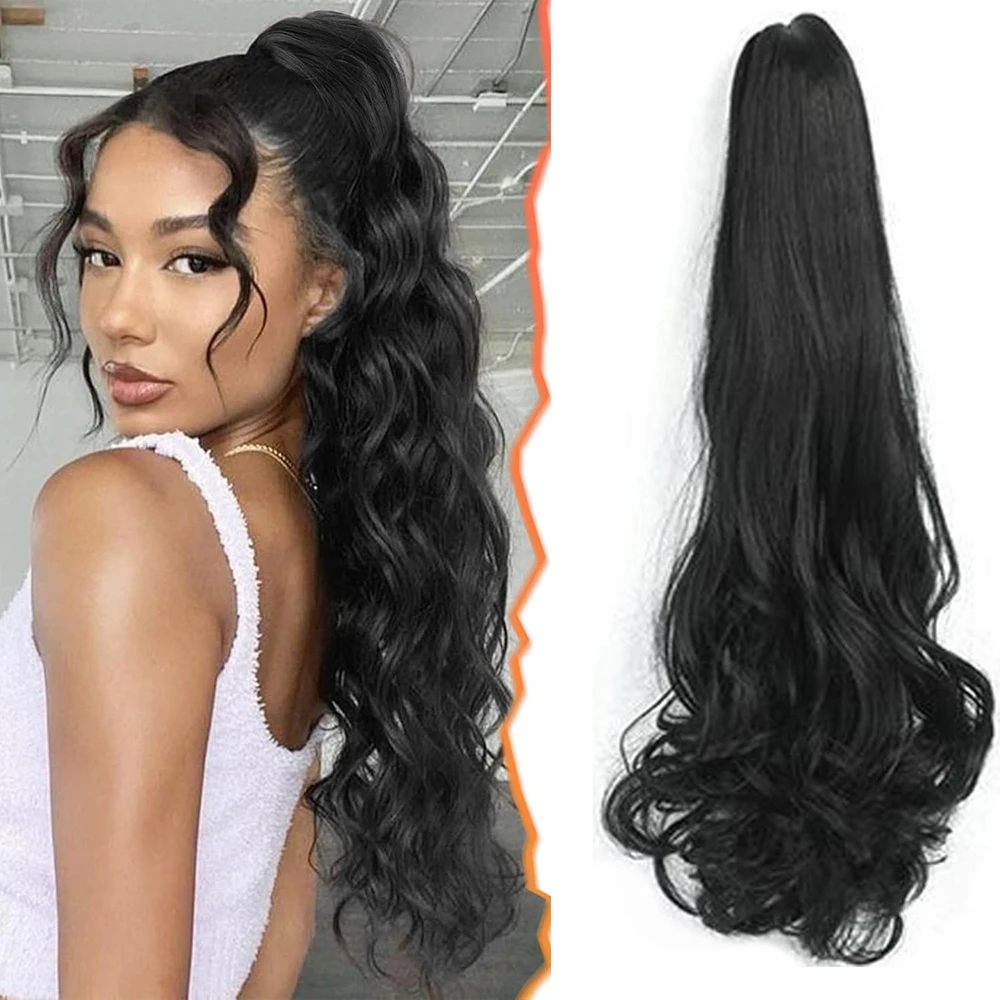 Extensões de rabo de cavalo- 22 Polegada clipe de garra extensões de cabelo de rabo de cavalo para mulheres ondulado sintético garra clipe em rabo de cavalo postiços