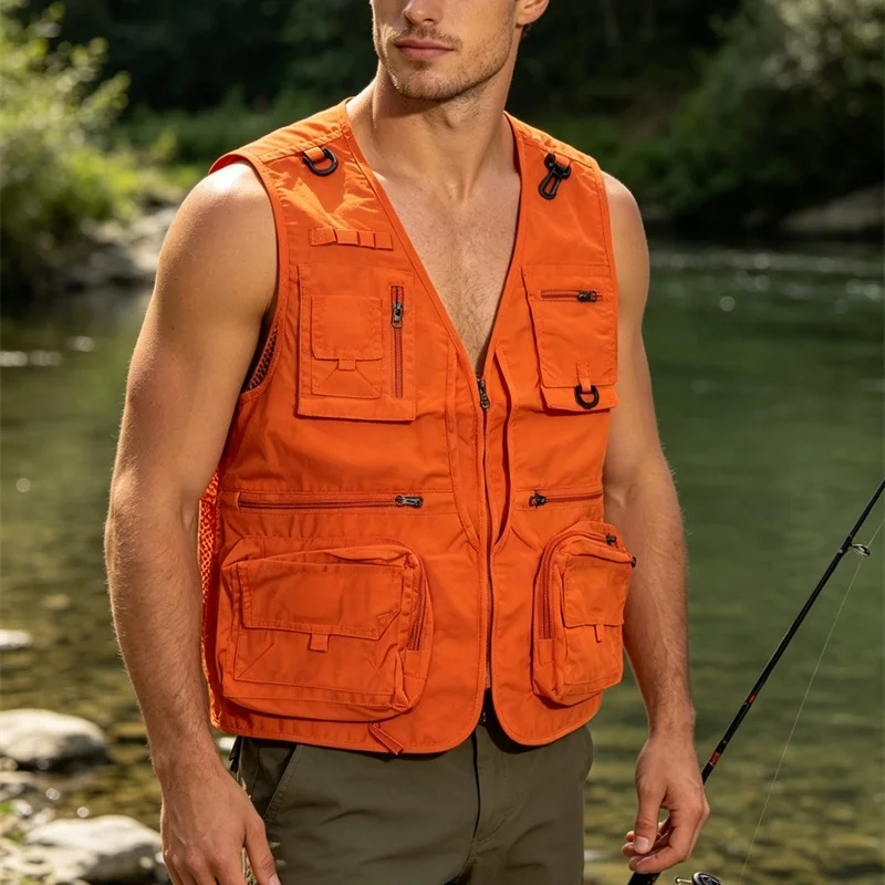Summer multi-pocket Men undershirt zipper cardigan sports Vest Men Mesh Breathable tops outdoors loose Sleeveless men Vest S-6XL