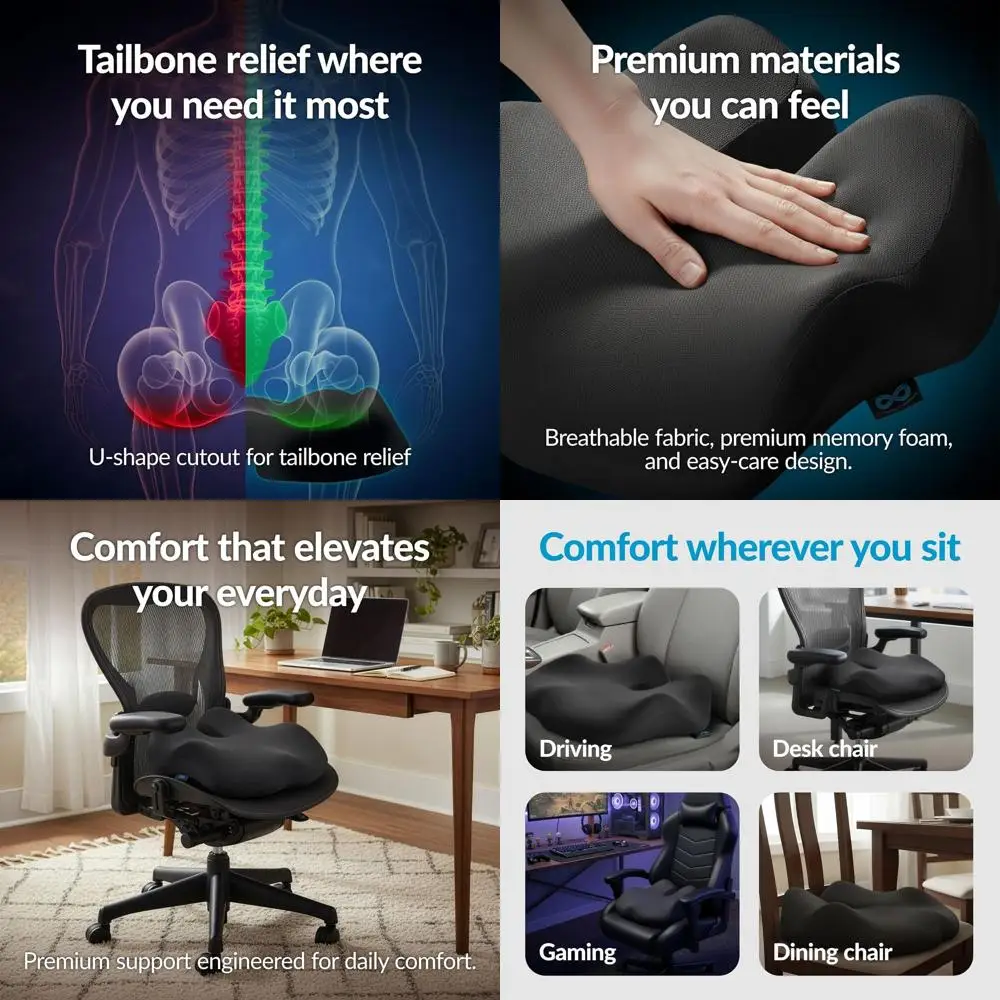 

Ergonomic Memory Foam Seat Cushion for Tailbone Pain and Sciatica Relief - Premium Charcoal Black, Large