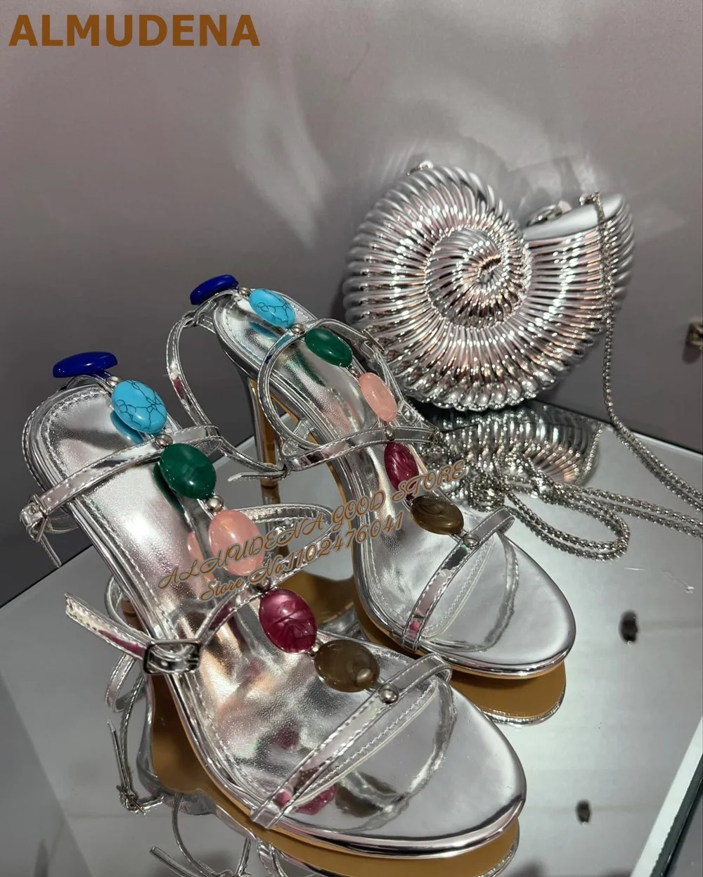 

ALMUDENA Colorful Gemstone Decorated Sandals Turquoise Pink String Beaded Wedding Shoes Buckle Strap High Heel Banquet Pumps