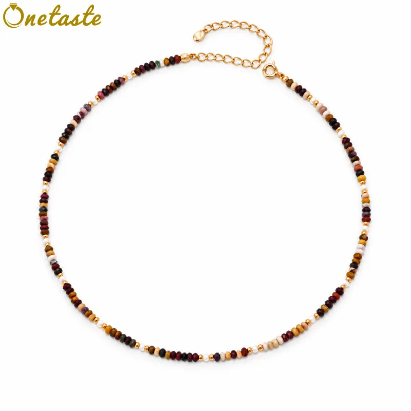 Collar de Perlas de Piedra de Colores en Plata de Ley 925, Pequeño, Plano, Redondo, con Cuentas, Gargantilla para Mujer, Moderno, Delicado, Apilable